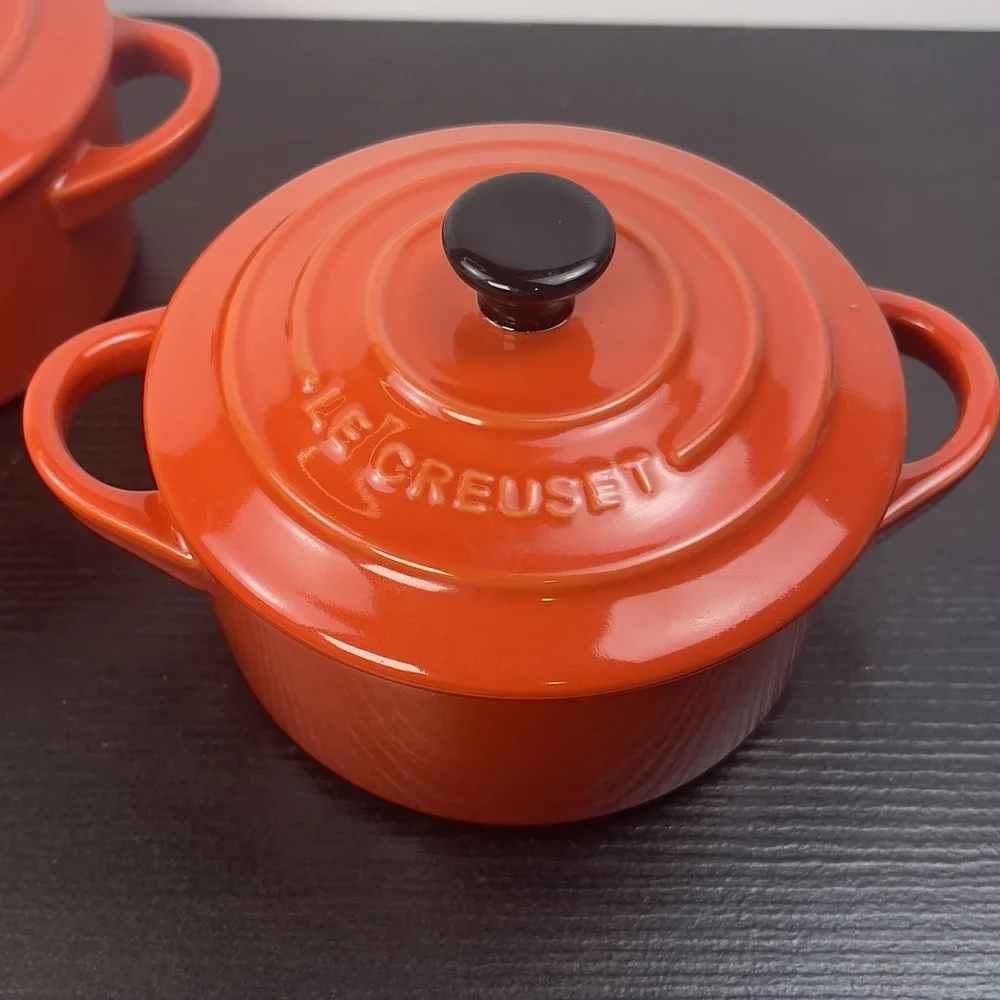 Le Creuset 2X Mini Round Cocotte 8 oz Cerise Stoneware Set of 2 w/Lids New Red